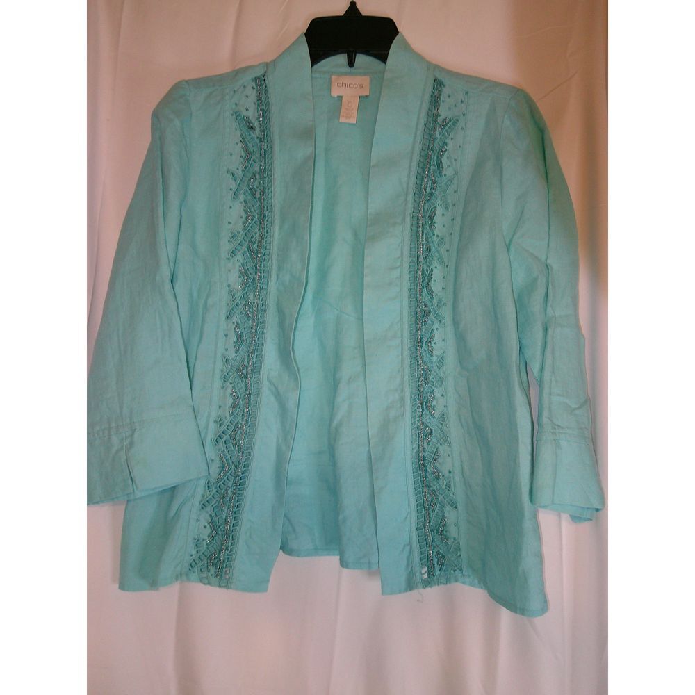 Chico's Light Blue Open Front Cardigan w/Lace Detail Beading 3/4 Sleeve Size 0